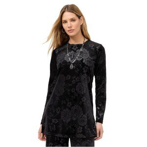 Johnny Was Embossed Stretch Velvet Black Tunic Flowers Long Shirt Floral Top NEW